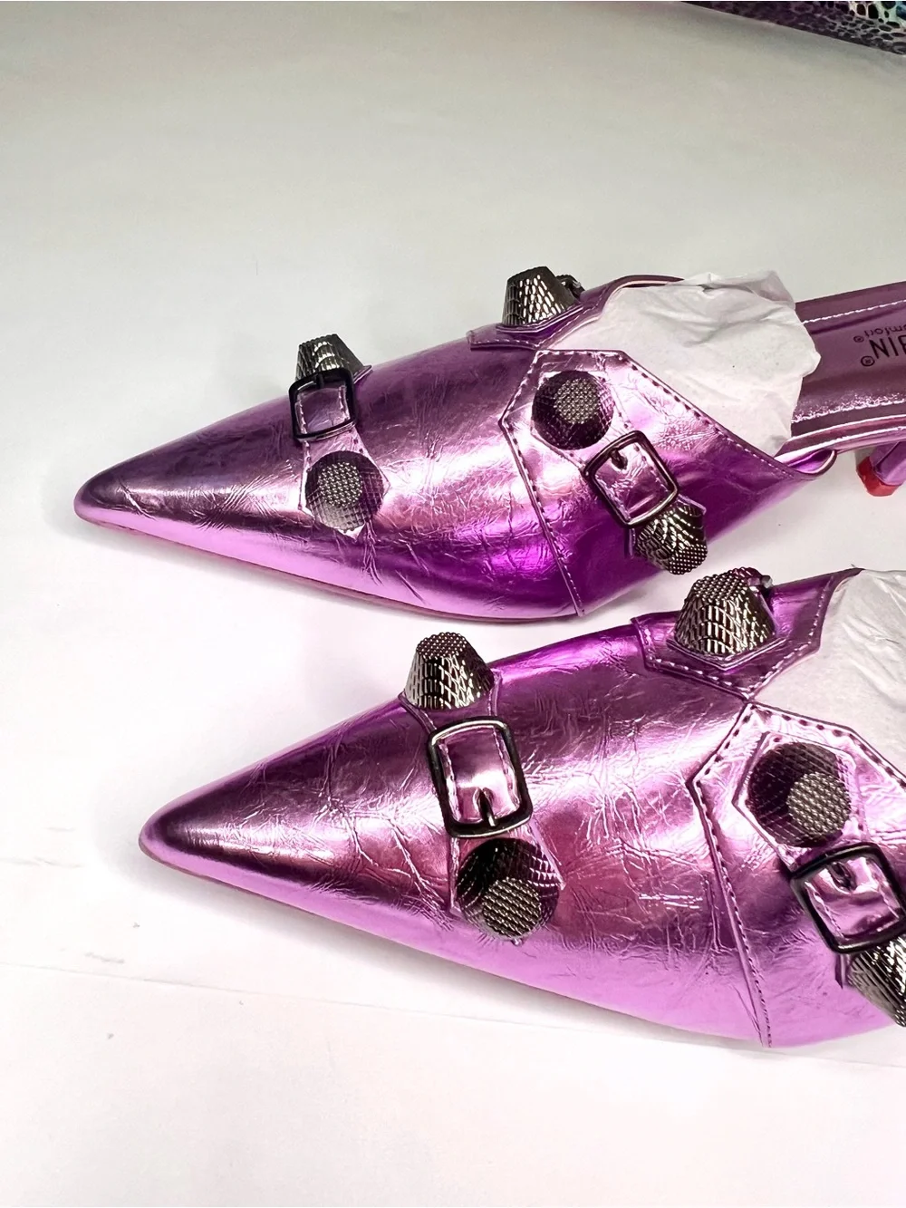 Metallic Embellished Purple Mules w/ Industrial Hardware Studded Metal Accents - Picture 7 of 13